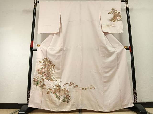 長閑やかさ屋御召しもの●短い訪問着 刺しゅう 花鳥文 暈し染め 金彩 正絹 珠玉 AABH4735fy