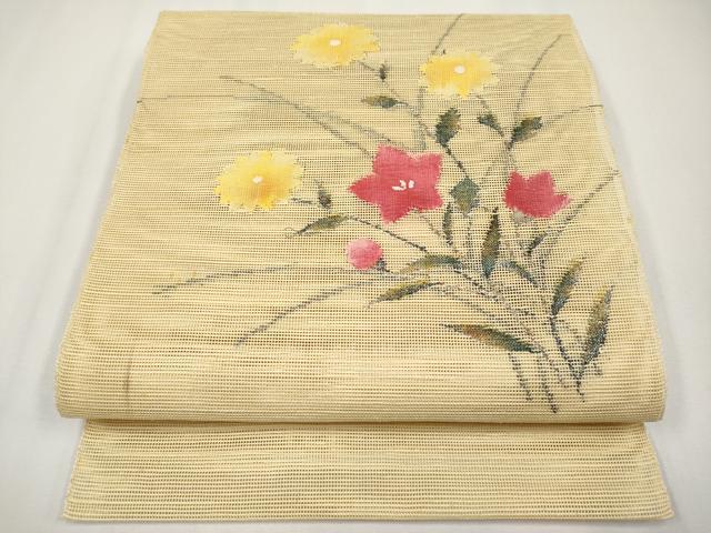 長閑やかさ屋お召しもの＊夏物 八寸名古屋帯 顕花植物文 金糸 正絹 珠玉 CABH6127tx