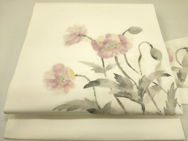長閑やかさ屋お召しもの●塩瀬 九寸名古屋帯 墨付き 顕花植物 正絹 珠玉 DABB7282op