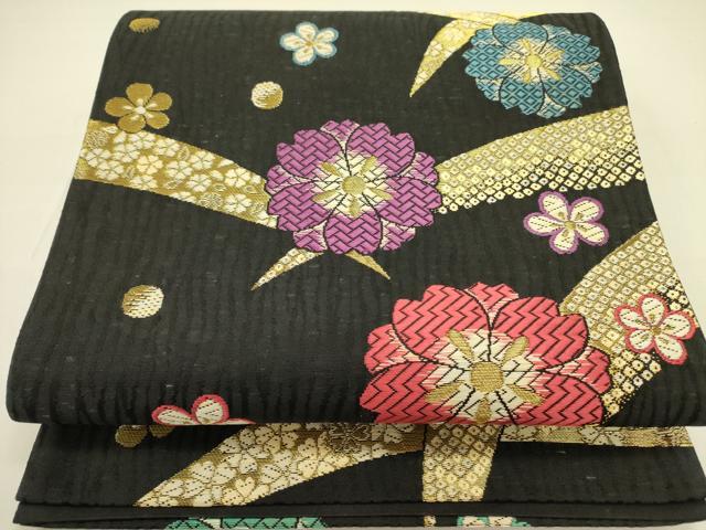 平和屋着物●六通柄袋帯　唐織　舞桜　舞梅　黒地　金糸　正絹　逸品　DABB7290op｜平和屋