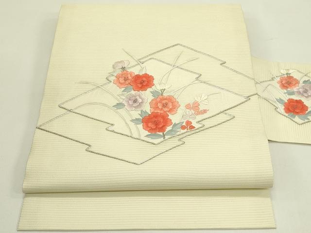 平和屋着物＊夏物 九寸名古屋帯 総刺繍 駒刺繍 松皮菱草花文 銀糸 正絹 逸品 CABH5647rv｜平和屋