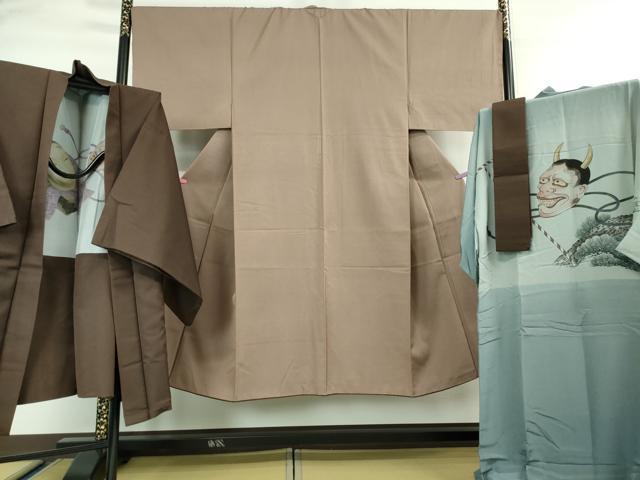 長閑やかさ屋中央局■より良い 成人男性 御召しもの・長襦袢(袷)・羽織・角帯 4点書き割り 御召しもの:濃クルミ染め付ける 羽織:セピア色 角帯:セピア色 珠玉 DZAA4326kh5