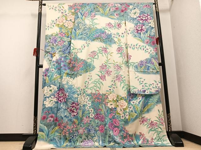 長閑やかさ屋御召しもの●晴れ晴れしい振袖 絵書き物 墨付き 顕花植物文 暈し染め ロング丈 正絹 珠玉 AABH3867ph