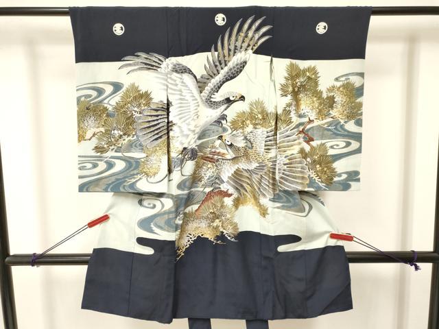 平和屋着物[]お宮参り　男の子　祝着　産着　初着　のしめ　鷹　鷲　流水松文　金銀彩　逸品　DAAY3367ma｜平和屋
