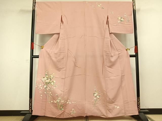 長閑やかさ屋御召しもの▽短い訪問着 単衣 友禅 顕花植物文 正絹 珠玉 AAAV8490fy