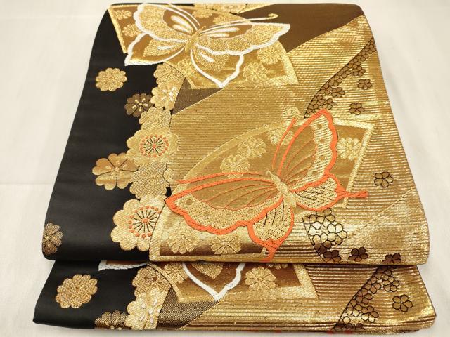 長閑やかさ屋御召しもの[]うしろ帯 赤ちゃん 全通柄袋帯 西洋紙花蝶文 黒地 金糸 珠玉 DABC5407ma