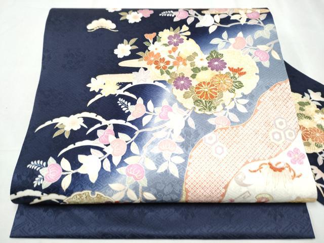 長閑やかさ屋御召しもの●九寸名古屋帯 駒刺しゅう 雪輪顕花植物文 金彩 正絹 珠玉 CABD0469hy