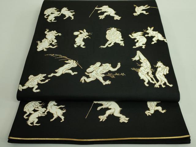 長閑やかさ屋中央局●飛び切り 西陣 河合芸術布切れ謹製 膜鳴楽器柄袋帯 野生生物ポンチ絵 黒地 金糸 珠玉 DZAB0079kh5