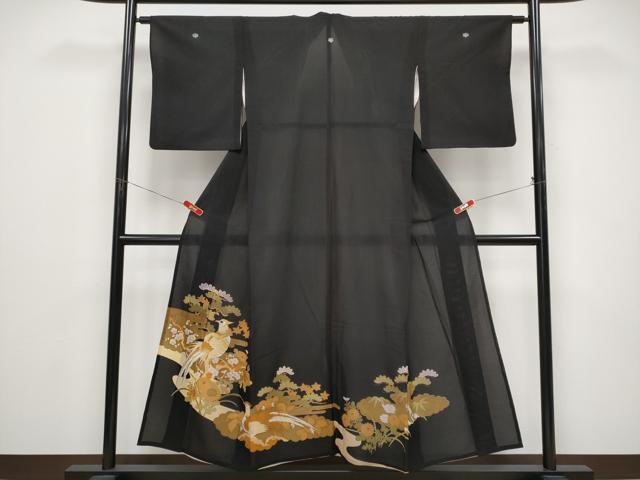 長閑やかさ屋御召しもの＊夏物 黒留袖 絽 刺しゅう 尾長鳥枝花文 金彩 洗える御召しもの CABF2508tx