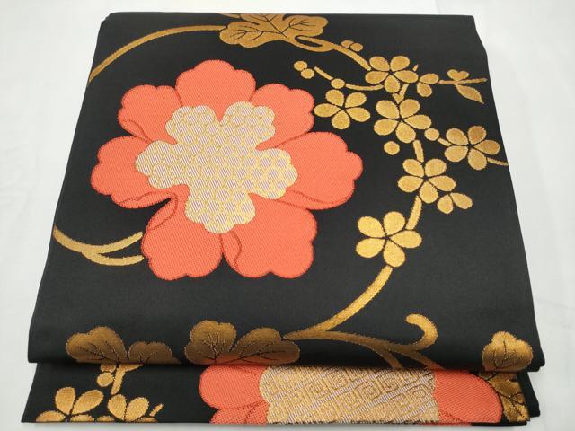 長閑やかさ屋御召しもの●全通柄 本袋帯 花唐草文 黒地 金糸 三越取りまわし 正絹 珠玉 CABF5326hy