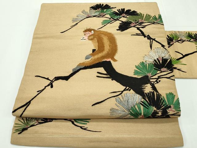 平和屋本店■極上　アンティーク　大正ロマン　九寸名古屋帯　総手刺繍　ニホンザル　松　銀糸　逸品　CZAA1778s5｜平和屋