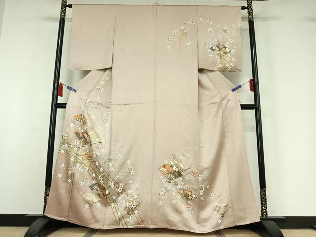 長閑やかさ屋御召しもの▽短い訪問着 単衣 扇子飛鶴花文 金彩 正絹 珠玉 AABI7639jh