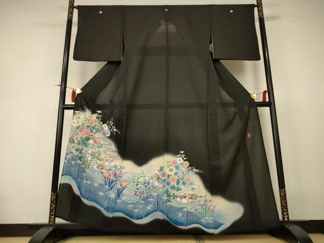 長閑やかさ屋御召しもの＊夏物 黒留袖 絽 友禅 絵書き物 水筋花鳥文 暈し染め 正絹 珠玉 AABI4705jd