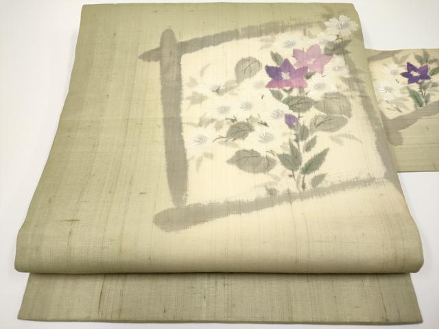 長閑やかさ屋御召しもの＊夏物 九寸名古屋帯 墨付き 紬地 色紙顕花植物文 銀彩 正絹 珠玉 CABH6153tx