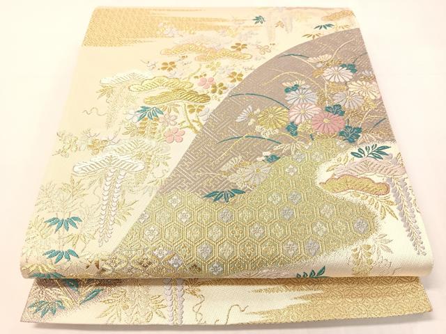 長閑やかさ屋御召しもの●六通柄袋帯 唐織 霞吉祥花文 金糸 正絹 珠玉 未当て嵌める CABH4764vp