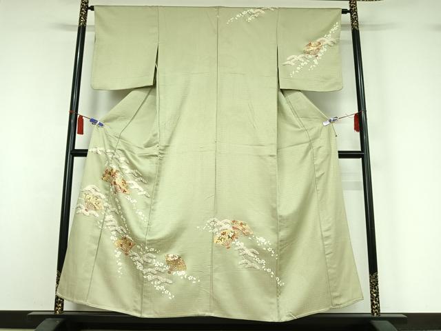 長閑やかさ屋御召しもの▽短い訪問着 単衣 駒刺しゅう 扇子花文 金糸 金彩 正絹 珠玉 AABI7643jh