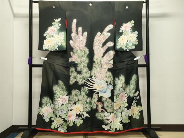 平和屋着物●アンティーク　大正ロマン　黒留袖　刺繍　孔雀花文　金彩　正絹　逸品　CABD8930gh｜平和屋