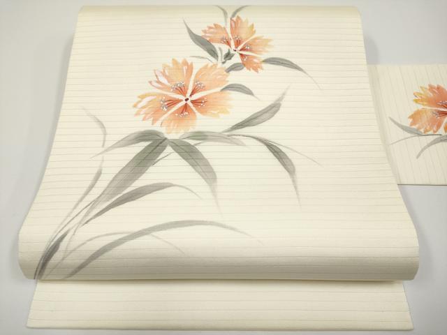 長閑やかさ屋御召しもの＊夏物 九寸名古屋帯 絵書き物 墨付き 撫子 銀彩 CABH6158tx