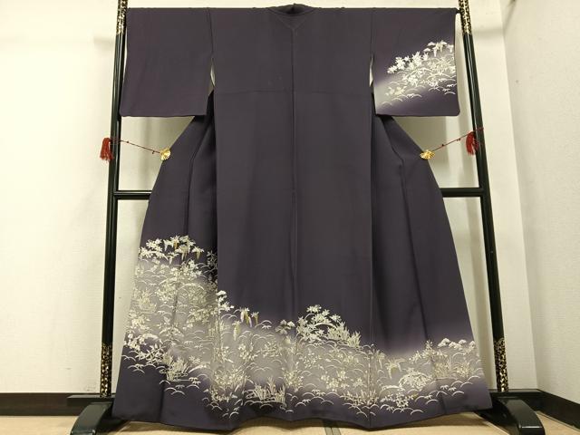 長閑やかさ屋御召しもの●短い訪問着 総手刺しゅう 顕花植物文 暈し染め 金糸 正絹 珠玉 AABH3875ph