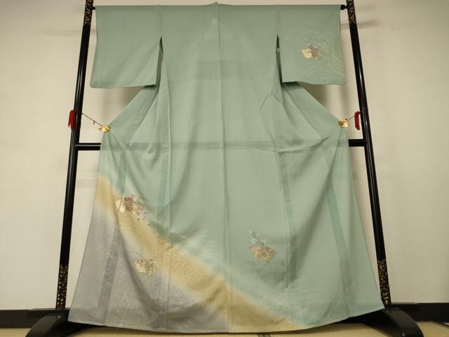 平和屋着物*夏物 紬 絽 刺繍 地紙草花文 暈し染め 金銀彩 正絹 逸品 AABD8957jd|平和屋