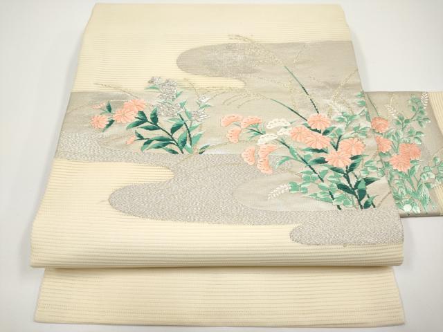 長閑やかさ屋お召しもの＊夏物 九寸名古屋帯 唐織 秋草文 現ナマ糸 正絹 珠玉 CABH6164tx