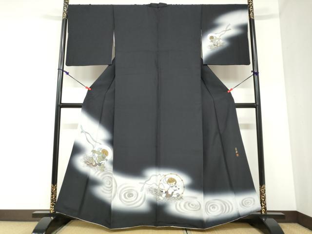 平和屋着物●訪問着　作家物　紬地　風神雷神　暈し染め　黒地　金彩　正絹　逸品　DABC2425ud｜平和屋