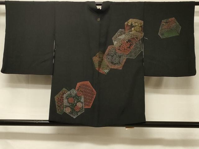 平和屋着物＃羽織　寿光織　渡り橋草花文　黒地　金銀糸　正絹　逸品　CABD7937in｜平和屋