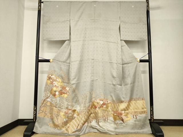 平和屋着物●豪華色留袖 駒刺繍 渡り橋地紙花文 金彩 正絹 逸品 AABH5851ck