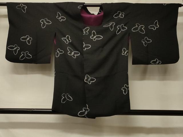 長閑やかさ屋御召しもの＃道行厚地の外套 絞り 舞蝶文 黒地 鈴乃屋取りまわし 正絹 珠玉 CABF8947インチ