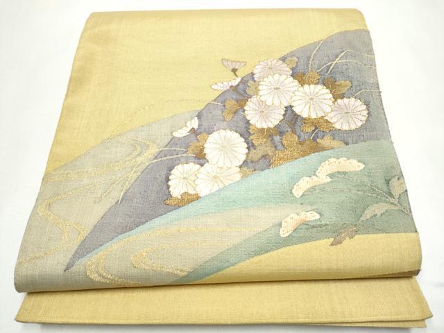 平和屋着物●太鼓柄袋帯　すくい織　流水菊文　金糸　正絹　逸品　CABJ8426hy｜平和屋