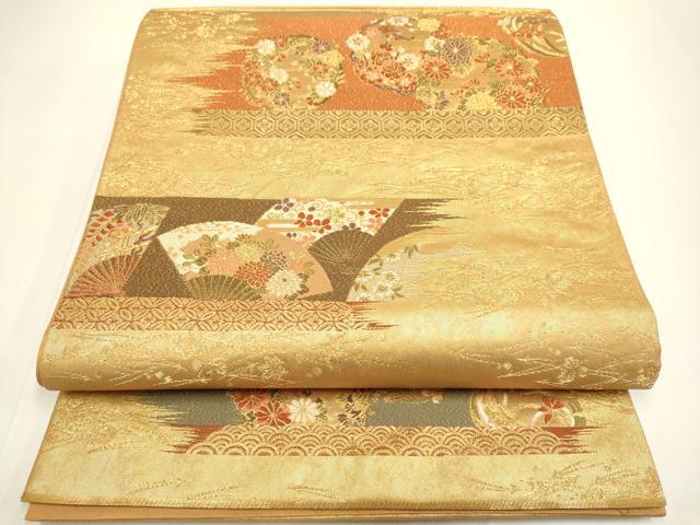 長閑やかさ屋お召しもの●西陣の名家 加納幸謹製 六通柄袋帯 吉祥扇花文 金糸 正絹 珠玉 DABB9817du