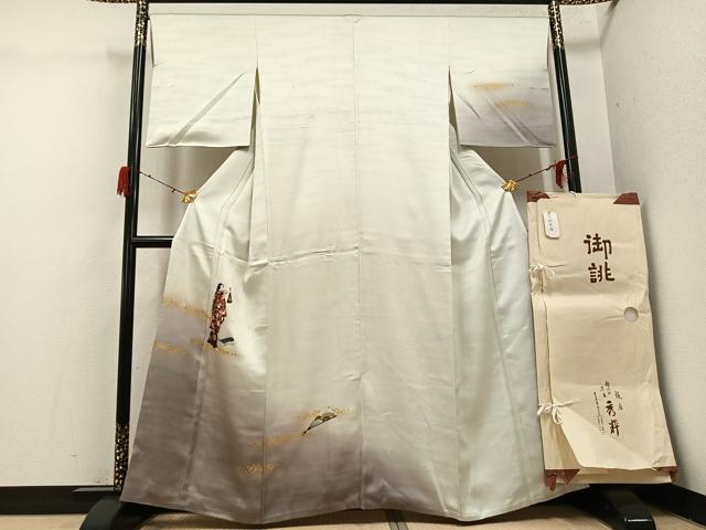 長閑やかさ屋御召しもの●短い訪問着 刺しゅう 成人女性舞扇花文 暈し染め 金彩 銀座秀粋 たとう紙付き添い人 正絹 珠玉 AABH3100ph
