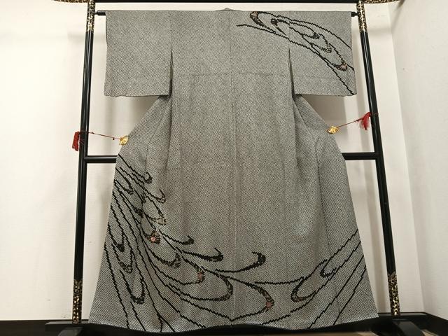 平和屋着物●訪問着　駒刺繍　総絞り　草花文　黒地　金彩　正絹　逸品　AABI8581ph｜平和屋