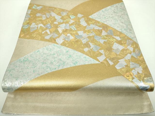 長閑やかさ屋御召しもの●膜鳴楽器柄袋帯 箔散らし広告 現ナマ彩 正絹 珠玉 DABD1366ps