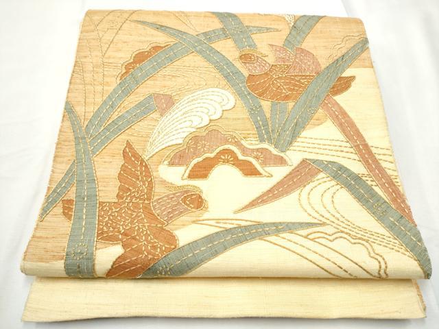長閑やかさ屋御召しもの●中国三大刺しゅう 相良刺しゅう 膜鳴楽器柄袋帯 紬地 刺し子 パッチワーク 花蝶文 正絹 珠玉 CABF5346hy