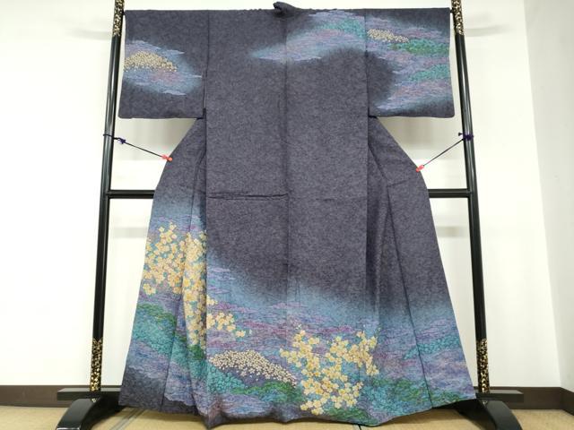 長閑やかさ屋御召しもの●短い訪問着 朧染め 重ね絞り 雲取り被子植物文 金通し地 正絹 珠玉 DABC2190ud