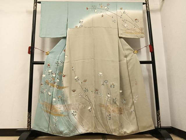 長閑やかさ屋御召しもの●短い訪問着 絵描き物 芳庵 橘 暈し染め 金彩 正絹 珠玉 AABI8560ph