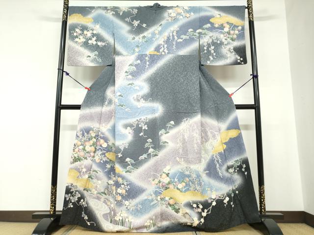 長閑やかさ屋御召しもの●短い訪問着 水流被子植物文 暈し染め 金彩 金通し地 正絹 珠玉 DABC2192ud