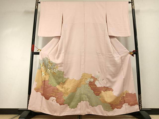 長閑やかさ屋御召しもの●晴れ晴れしい色留袖 駒刺しゅう 枝花文 金彩 正絹 珠玉 AABI2003fy