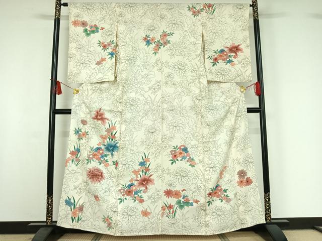 平和屋着物▽訪問着　単衣　手描き　草花文　金彩　正絹　逸品　AABI9609jh｜平和屋