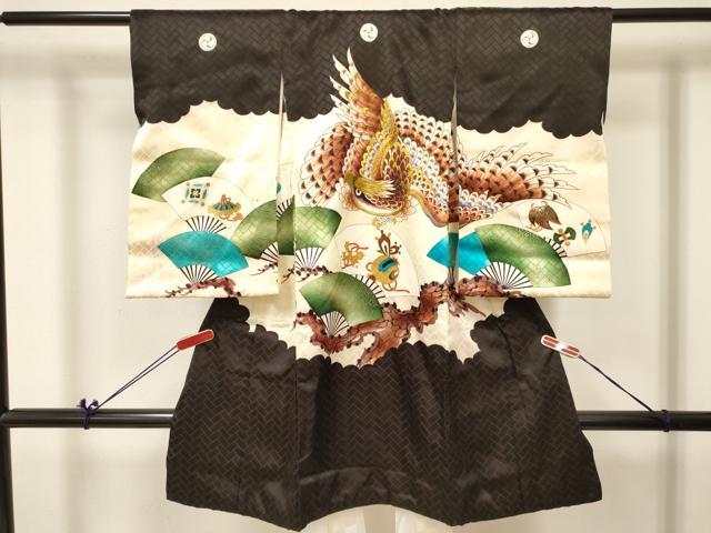 平和屋着物[]お宮参り　男の子　祝着　産着　初着　のしめ　刺繍　鷹　鷲　扇面宝尽くし文　金彩　逸品　DABA3907ma｜平和屋