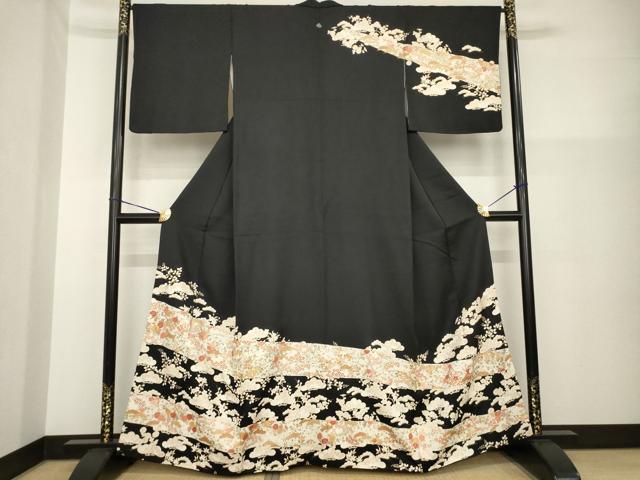 長閑やかさ屋御召しもの●短い訪問着 駒刺しゅう 吉祥松文 黒地 金彩 正絹 珠玉 AABG5870ck