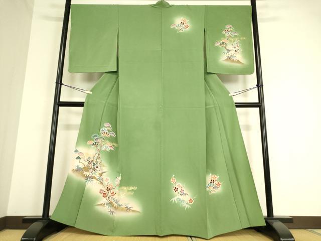 長閑やかさ屋御召しもの▽短い訪問着 単衣 雉 松竹梅 暈し染め 金彩 正絹 珠玉 DAAT9236az