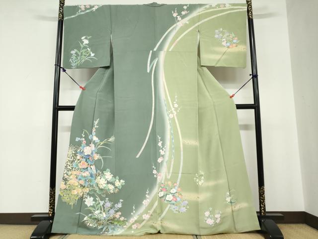 長閑やかさ屋御召しもの●短い訪問着 熨斗被子植物文 暈し染め 金彩 正絹 珠玉 DABC2193ud