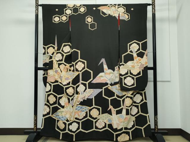 平和屋本店●極上 アンティーク 大正ロマン 振袖 駒刺繍 松竹梅折鶴花文 黒地 金銀糸 逸品 CZAA5518s6|平和屋