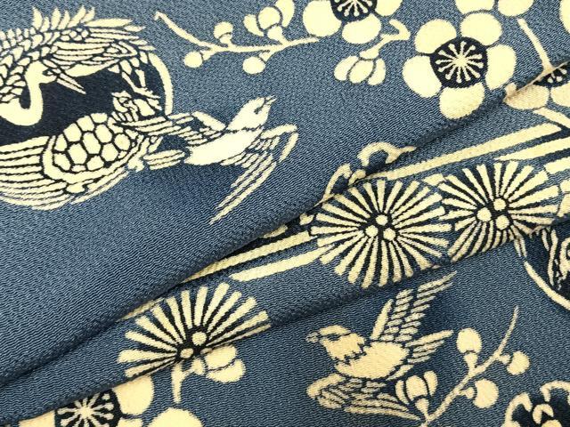 平和屋着物●上質な小紋　本藍　型染め　花鳥文　暈し染め　鬼しぼ縮緬　正絹　逸品　AABH5175fy｜平和屋