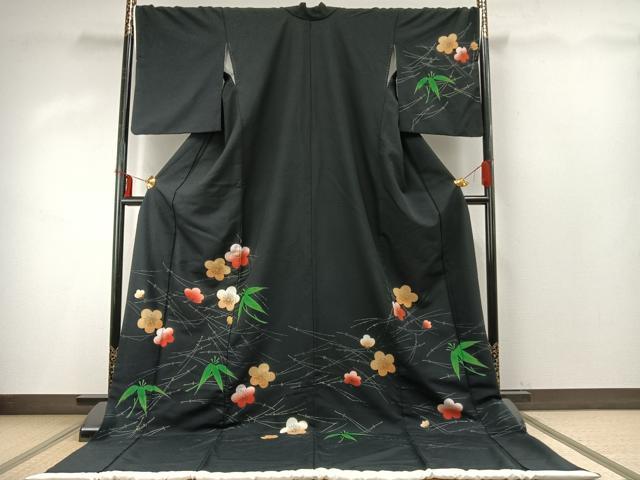 長閑やかさ屋御召しもの●お引きずり・お引き摺り・短い訪問着 和装 御芽出度 おどり子 女芸者 女芸者 御召しもの 松竹梅 黒地 金彩 AABH9592ck