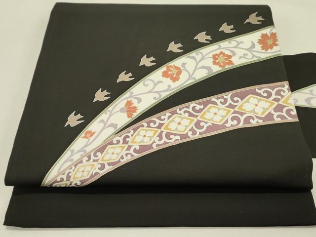 平和屋着物●塩瀬　九寸名古屋帯　更紗花唐草文　黒地　金彩　正絹　逸品　DABE1005op｜平和屋