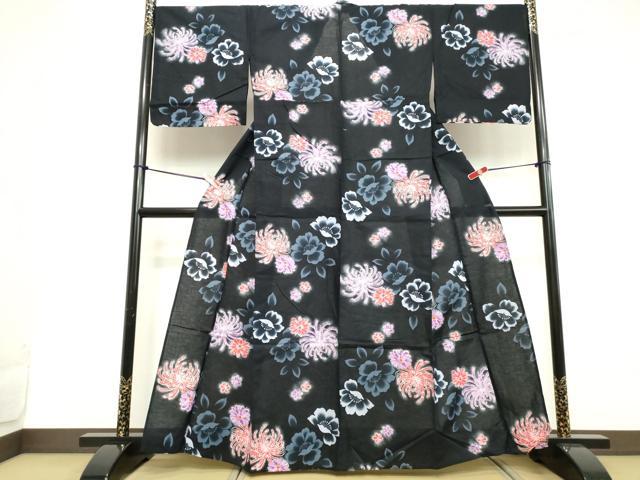 平和屋着物∴夏物 浴衣 乱菊 黒地 綿 逸品 DABD2636cd