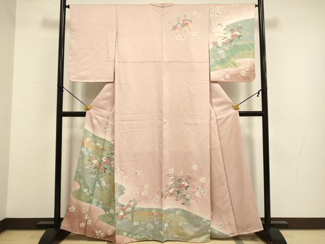 長閑やかさ屋お召しもの●短い訪問着 絞り 顕花植物文 暈し染め 金彩 正絹 珠玉 未当て嵌める DABB9774du